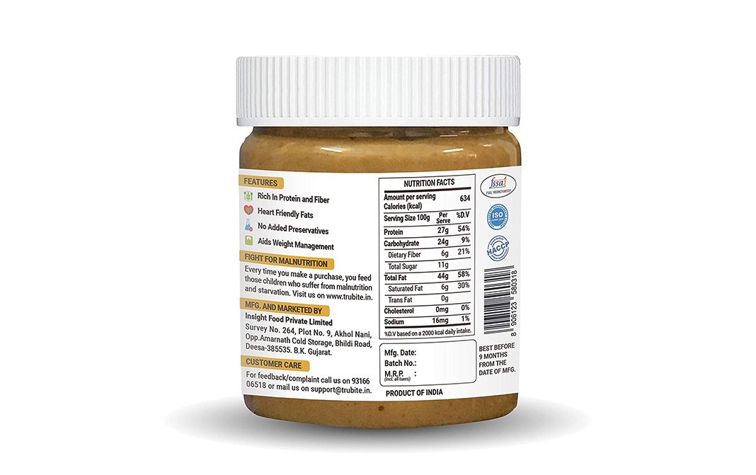 Trubite Honey Peanut Butter Crunchy Bee Sweetened   Plastic Jar  350 grams